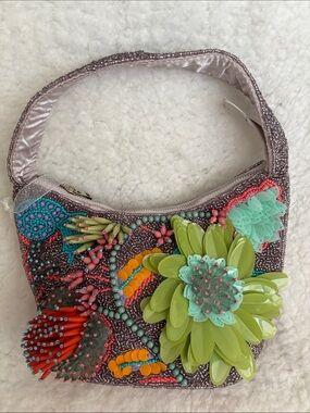 Embellished Beaded Floral Accent Hand Bag in Lavender and Lime